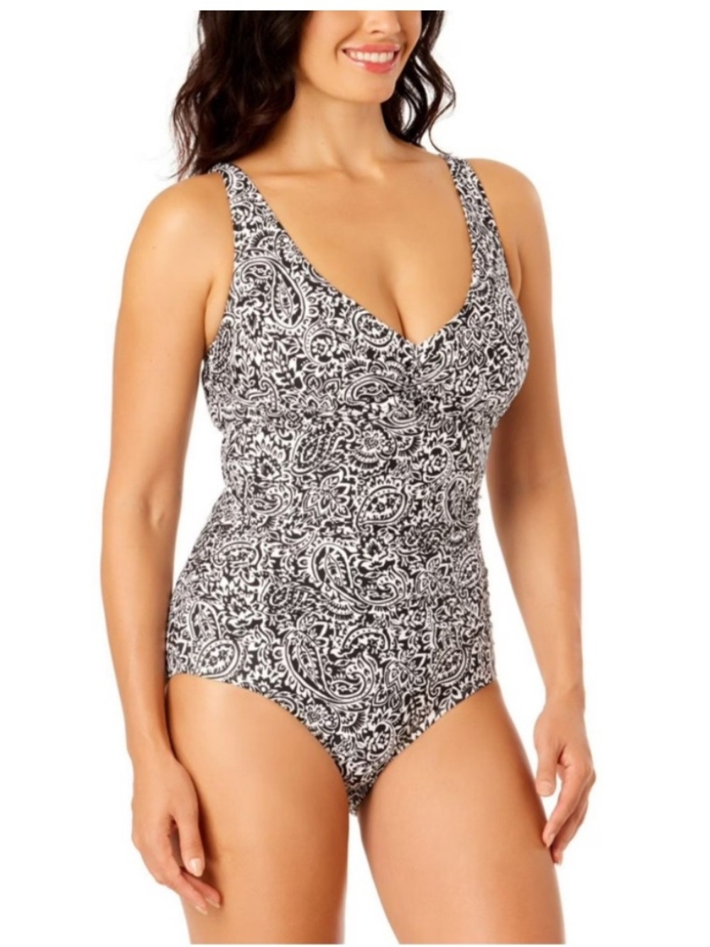 Lands' End Black and White Floral One-Piece Swimsuit